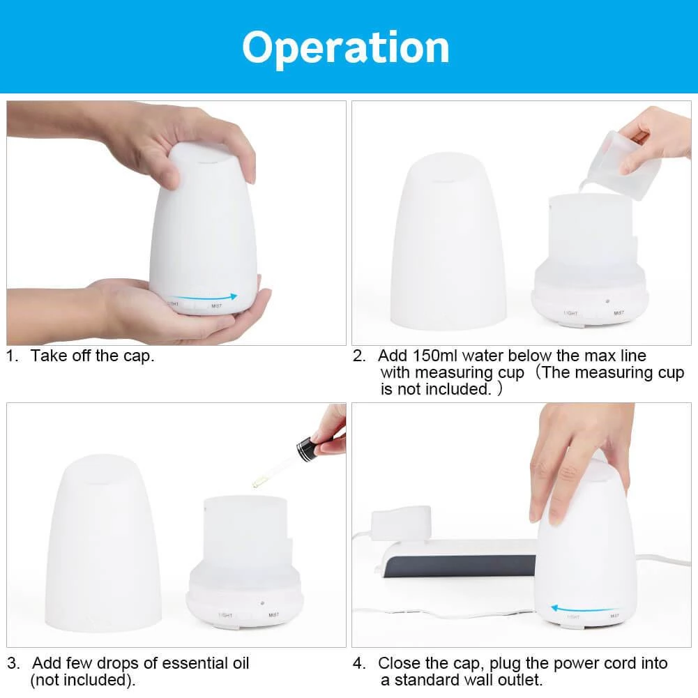 150ml Aromatherapy Essential Oil Diffuser Ultrasonic Portable Cool Mist Aroma Humidifiers Room Freshener